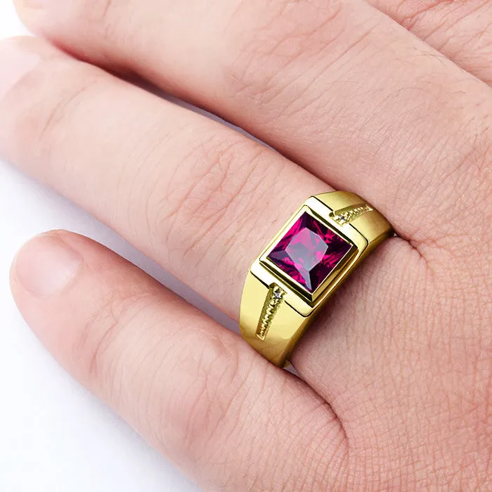 Men's 14K Yellow Gold Ring with Natural Diamonds and Square Ruby