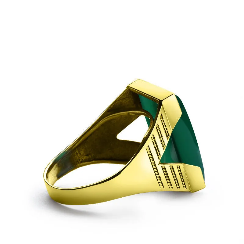 Men's Ring in 10k Yellow Gold with Natural Green Agate Stone