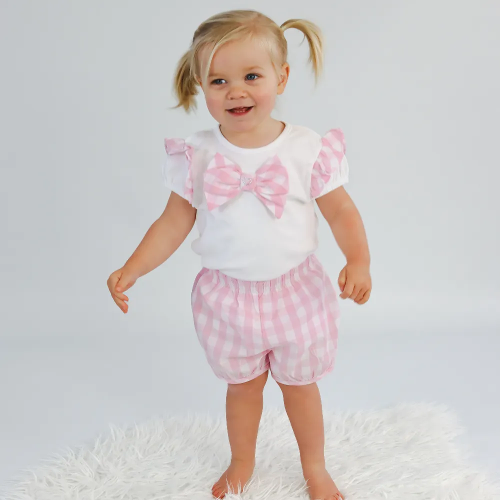 Mintini Girls Bow T-shirt & Gingham Shorts