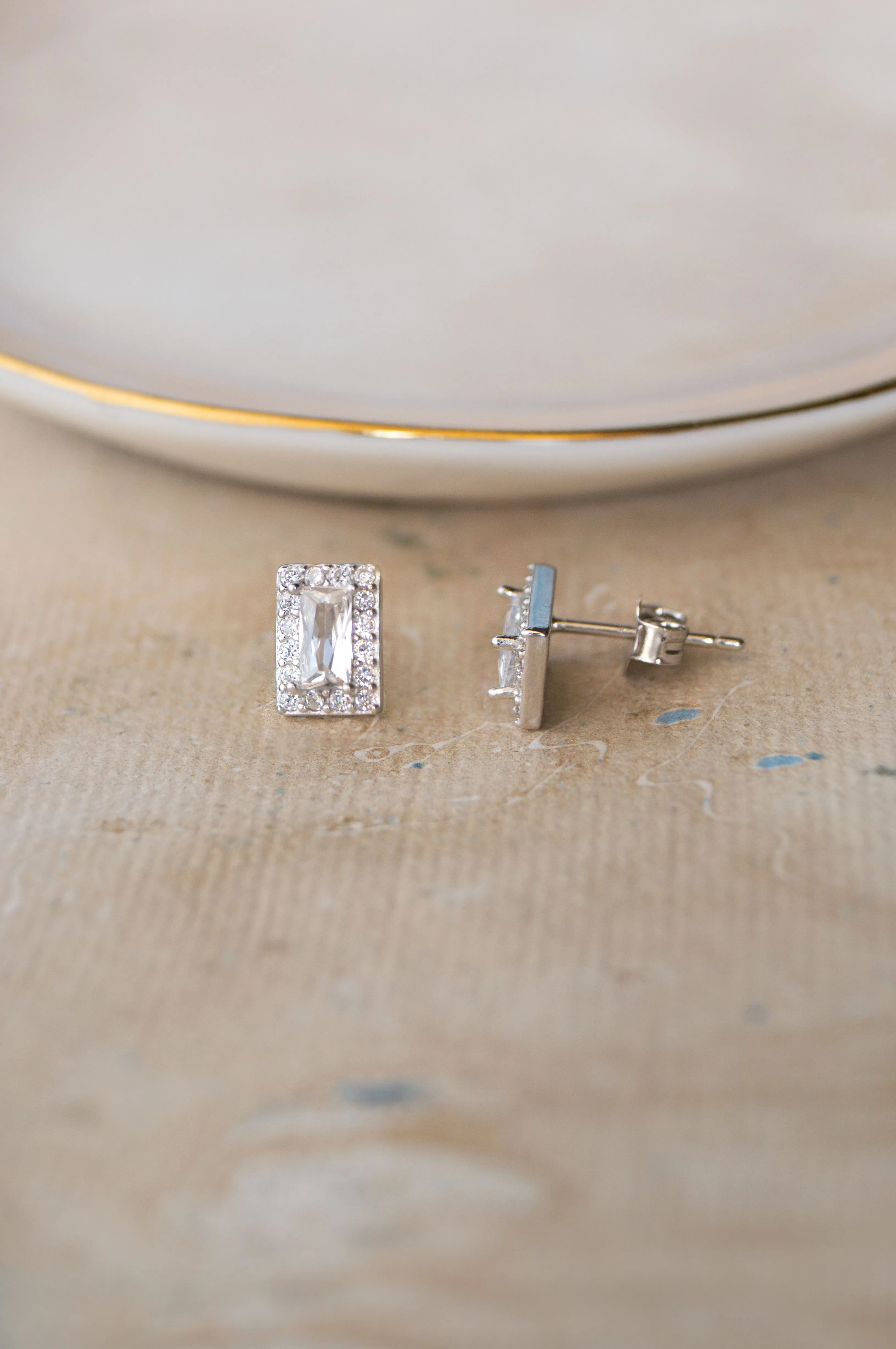 Mysterical Rectangle Solitaire Sterling Silver Stud Earrings