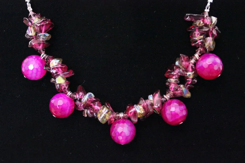 Natural Stone & Glass & Beads Necklace - Dark Fuisha Pink