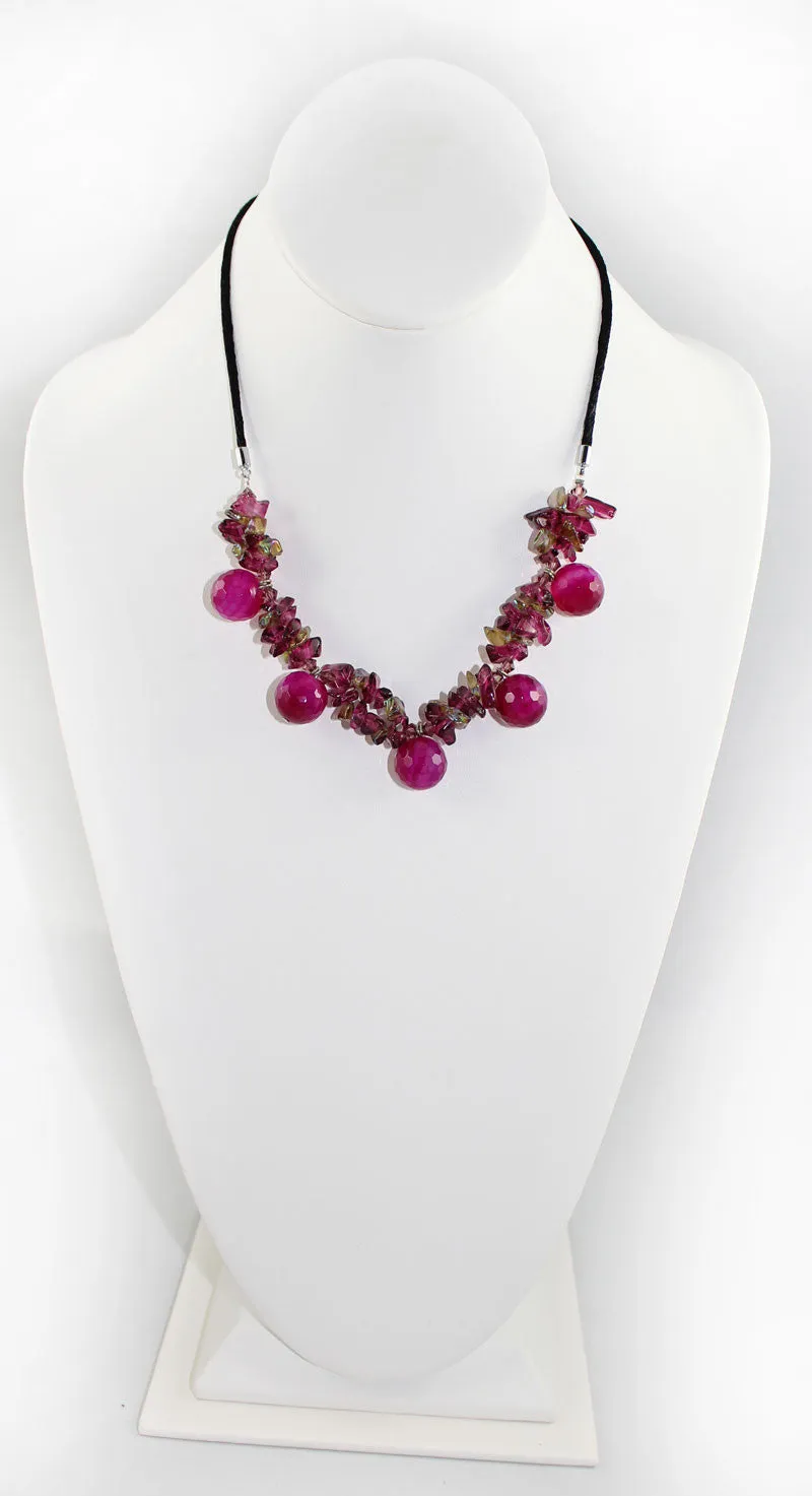 Natural Stone & Glass & Beads Necklace - Dark Fuisha Pink