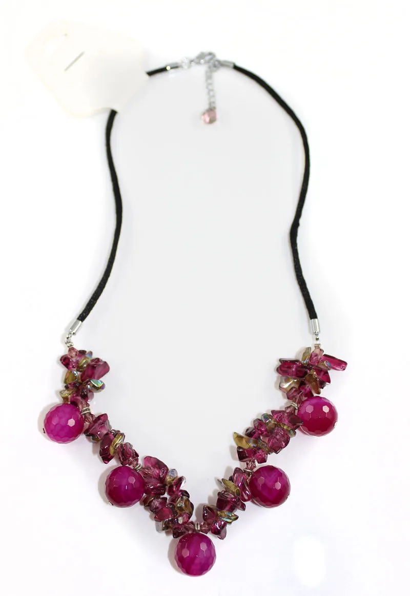 Natural Stone & Glass & Beads Necklace - Dark Fuisha Pink