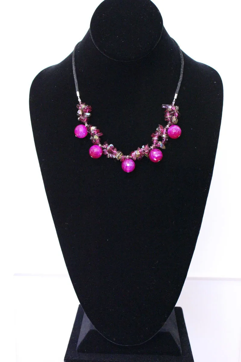 Natural Stone & Glass & Beads Necklace - Dark Fuisha Pink