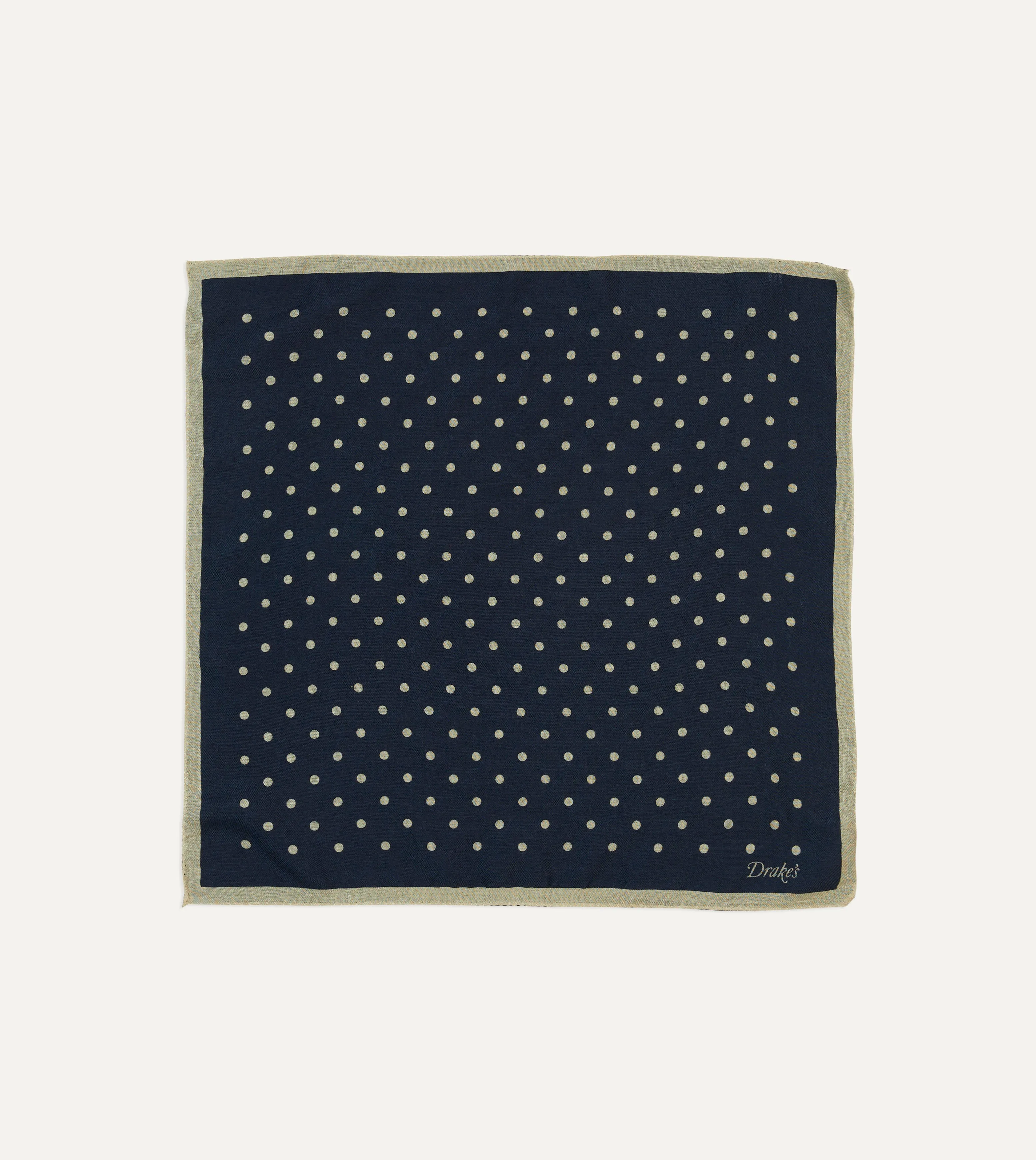 Navy Spot Print Wool-Silk Pocket Square