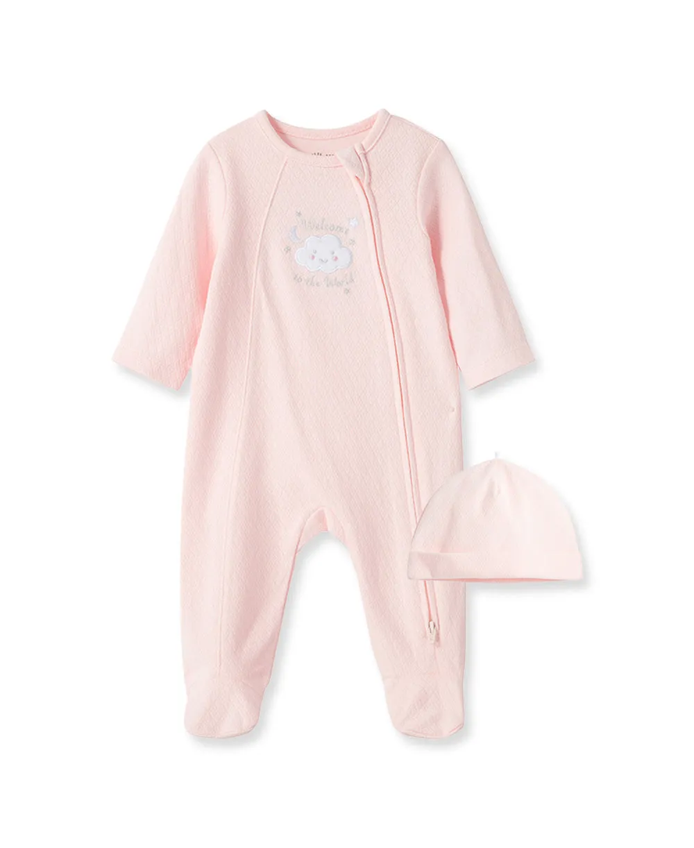 New Pink Welcome To The World 2-Way-Zip Footed One-Piece And Hat