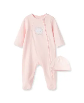 New Pink Welcome To The World 2-Way-Zip Footed One-Piece And Hat