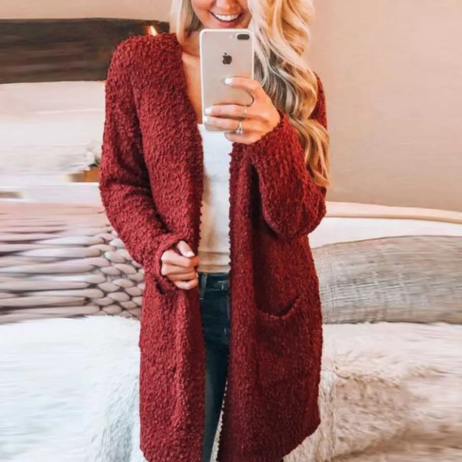 Oversized Fall Knitted Open Front Popcorn Long Cardigan Sweater With Pockets