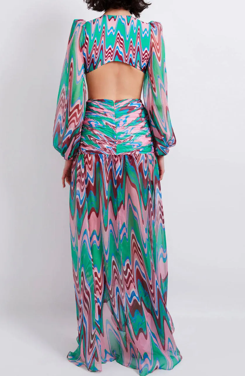 Patbo - Wave High Waist Draped Maxi Skirt - Green Multi