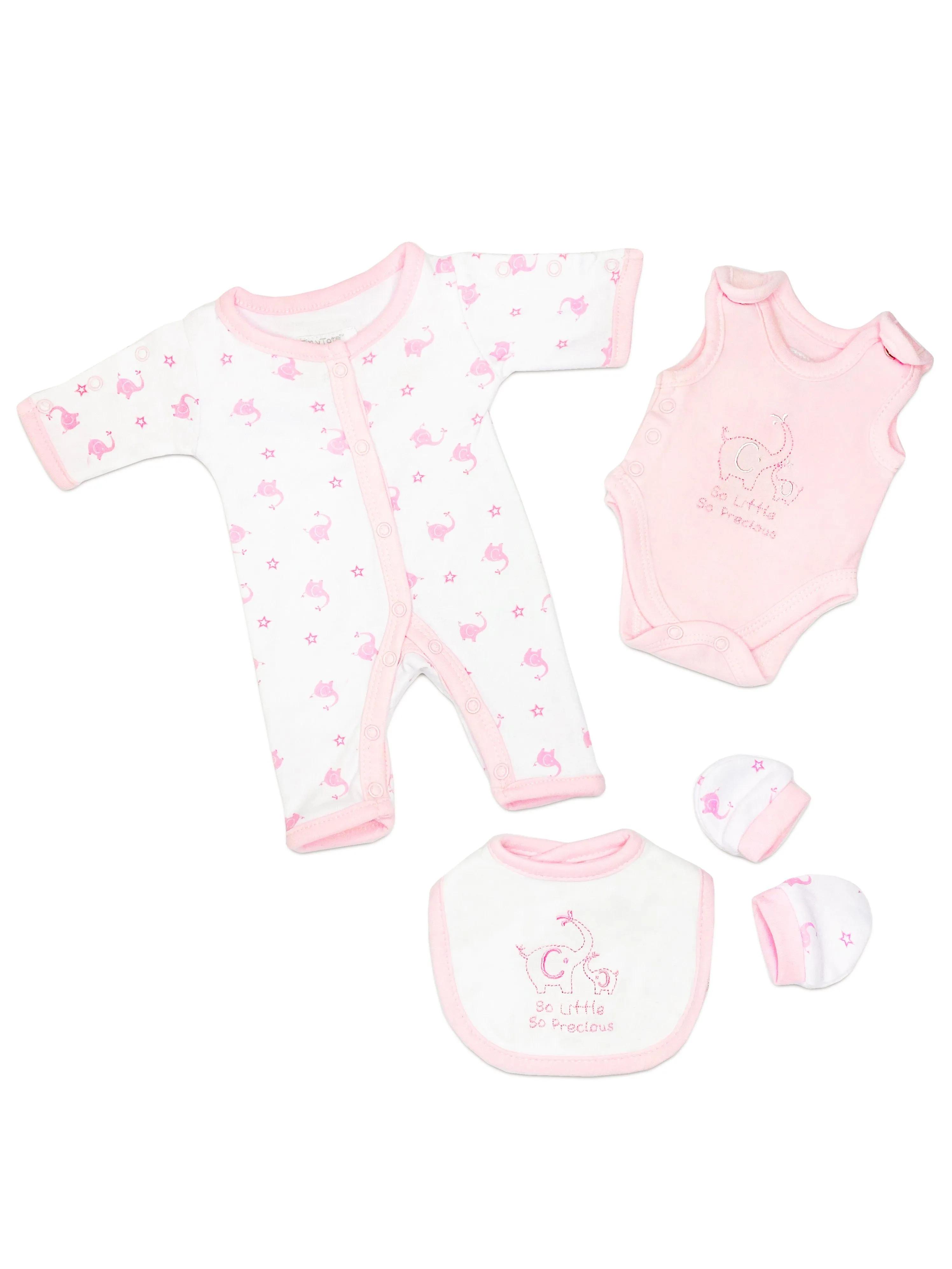 Pink Elephant 4 Piece Set - Sleepsuit, Vest, Bib & Mitts