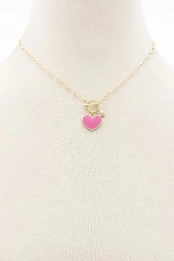 PINK HEART CHARM OVAL LINK NECKLACE- M H W ACCESSORIES