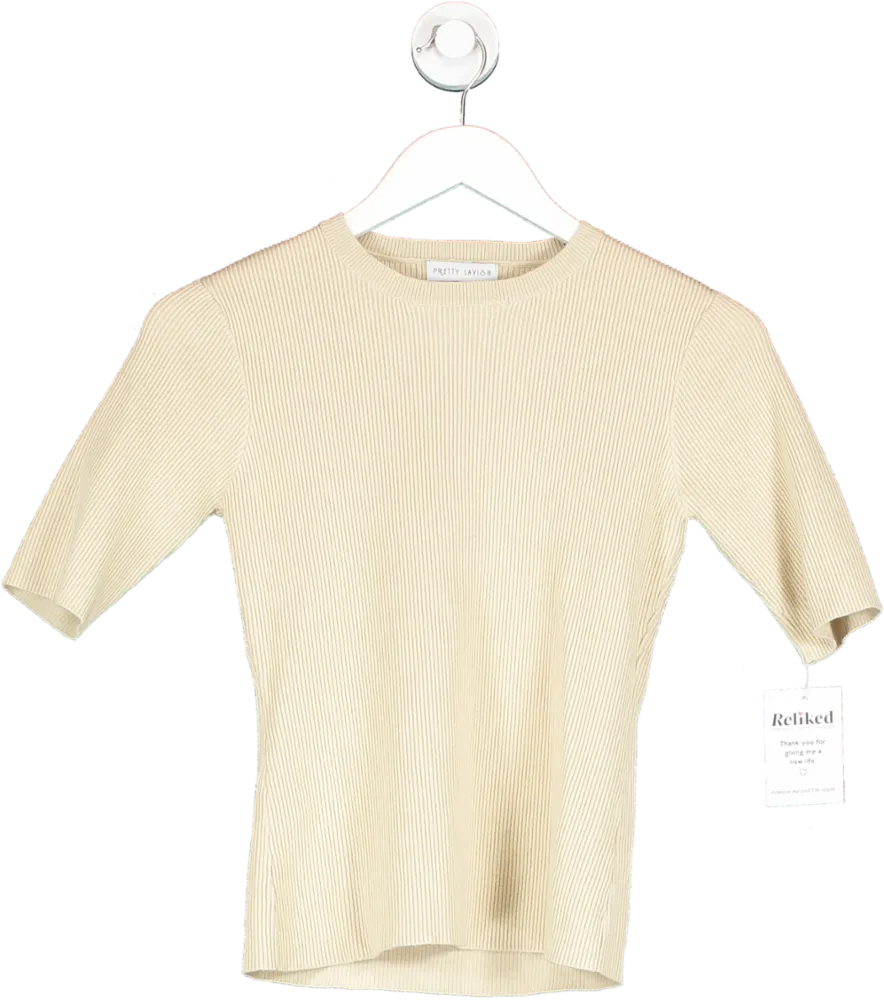 PRETTY LAVISH Beige Ribbed Top UK S