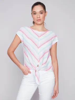 Printed Front Tie Linen Top - Lavender