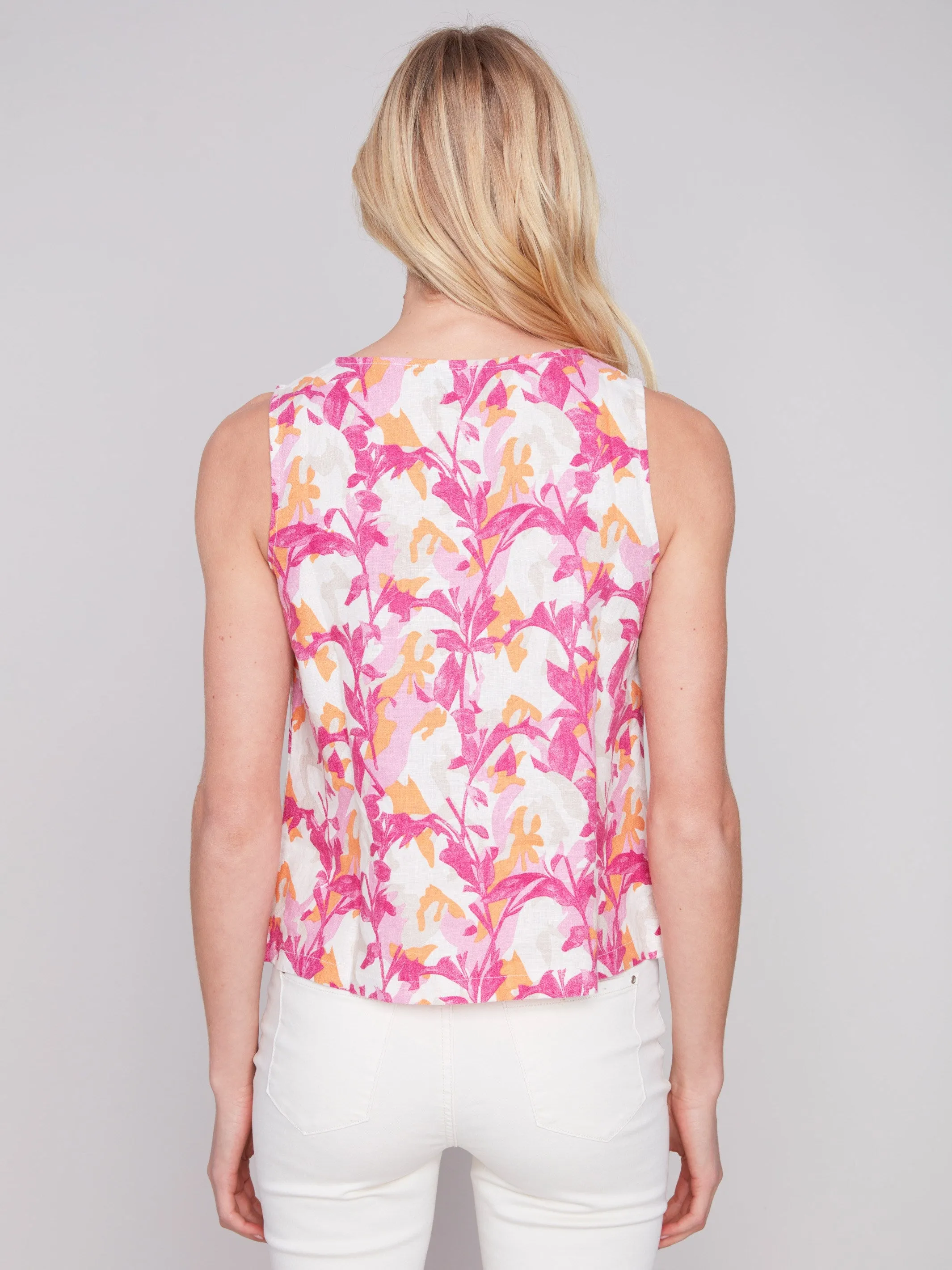 Printed Sleeveless Linen Top with Slit - Sherbet