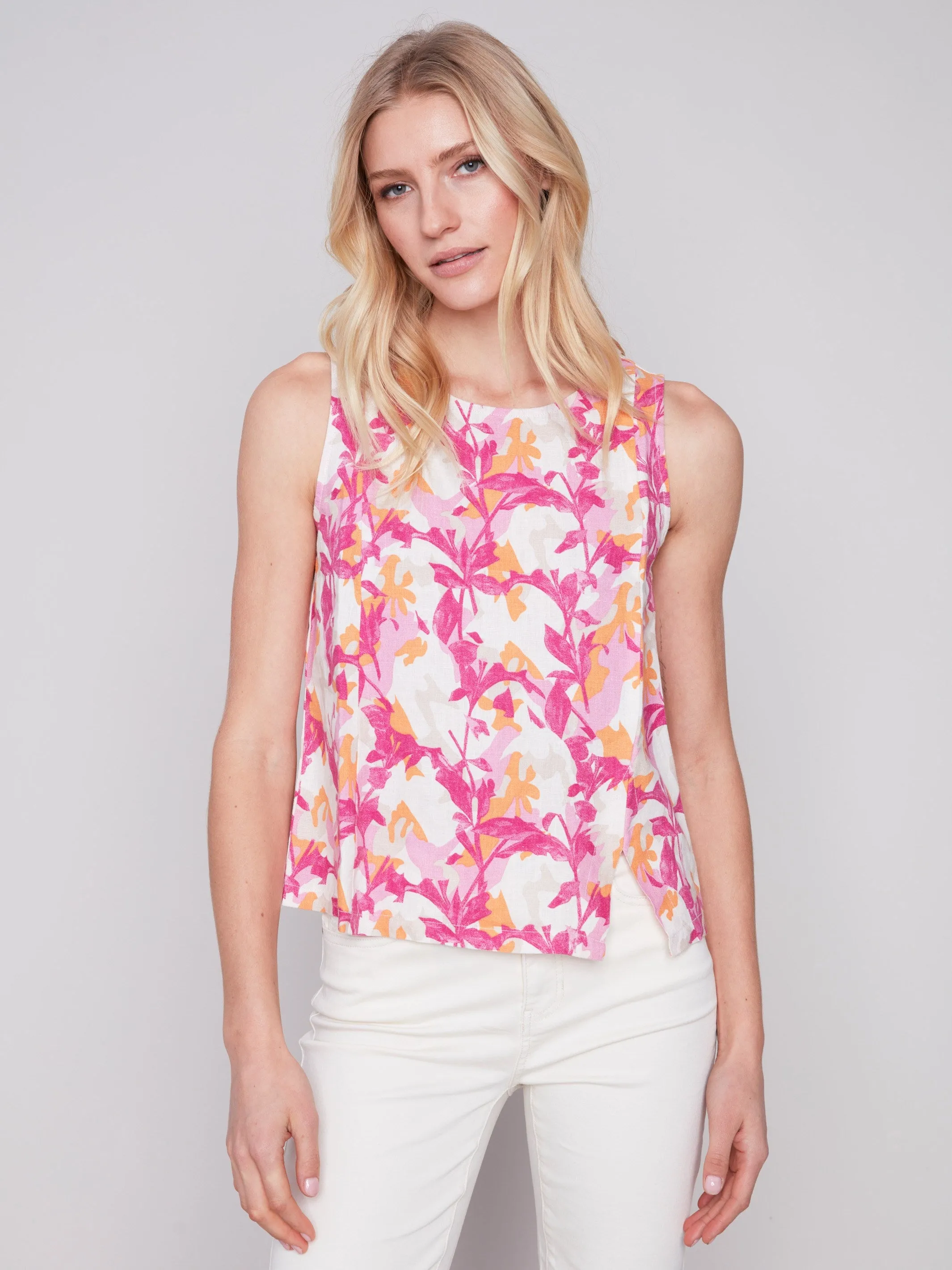 Printed Sleeveless Linen Top with Slit - Sherbet