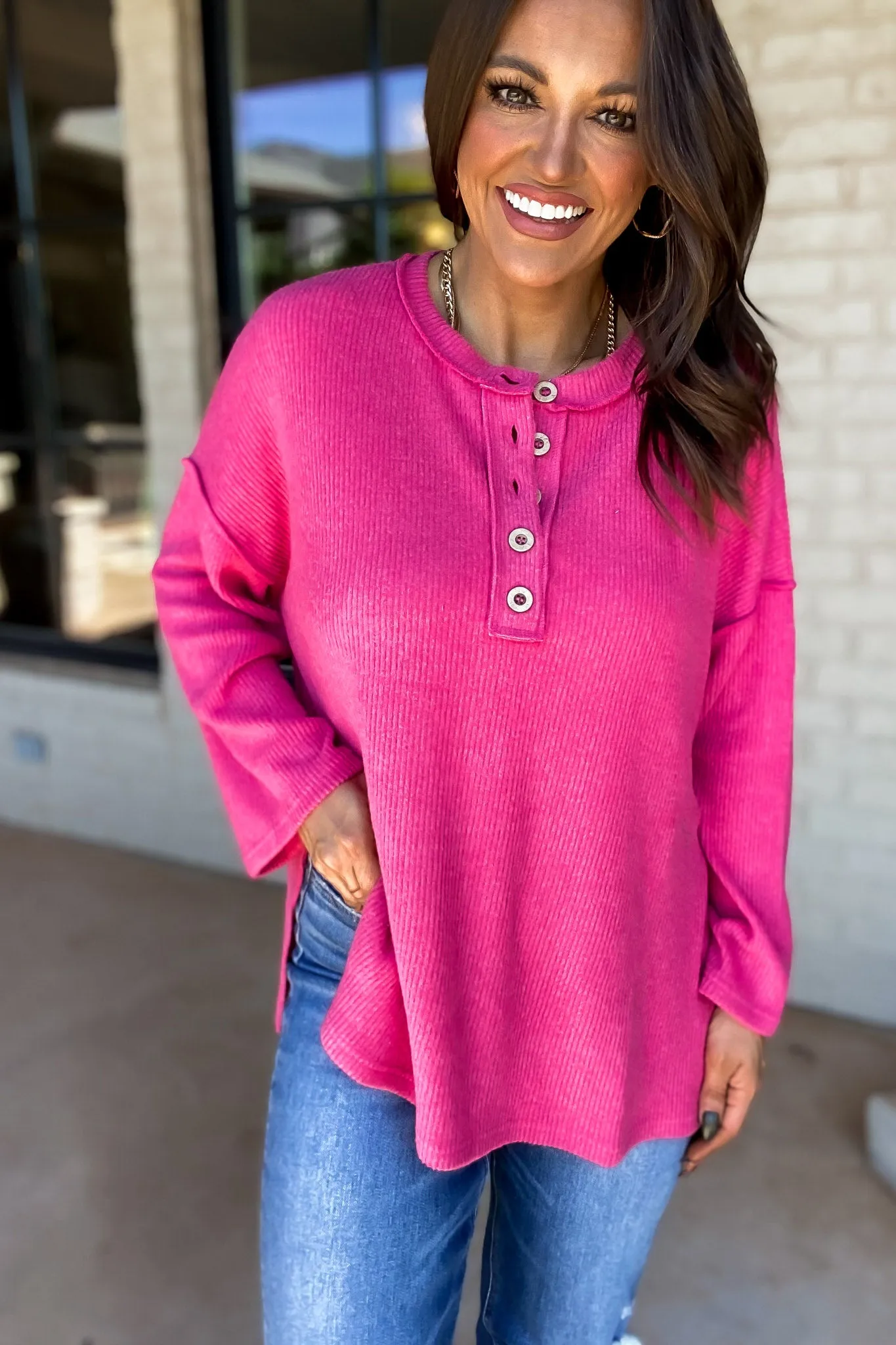 Ready For Anything Fuchsia Ribbed Brushed Henley Sweater