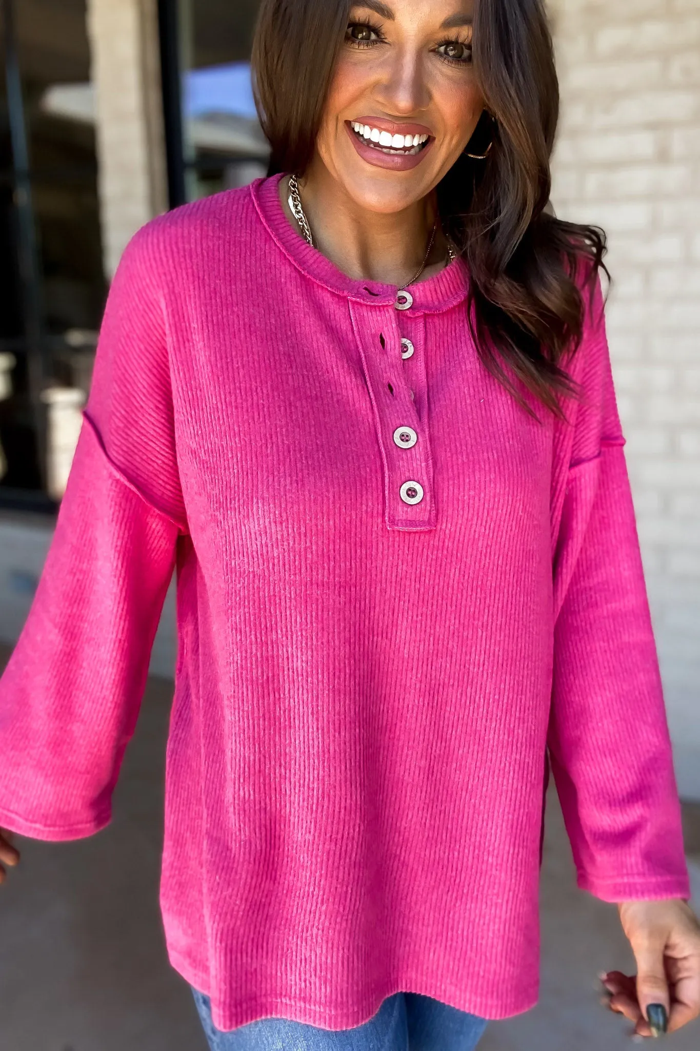 Ready For Anything Fuchsia Ribbed Brushed Henley Sweater