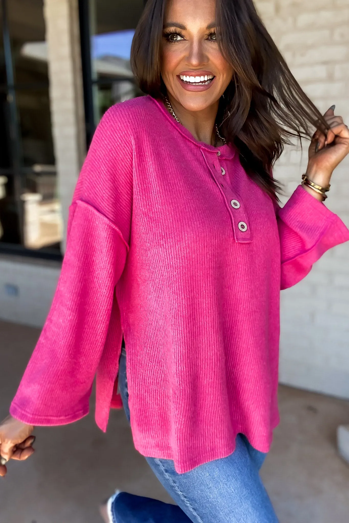 Ready For Anything Fuchsia Ribbed Brushed Henley Sweater