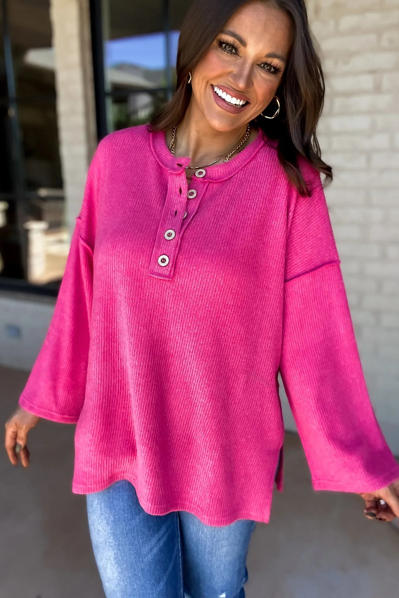 Ready For Anything Fuchsia Ribbed Brushed Henley Sweater