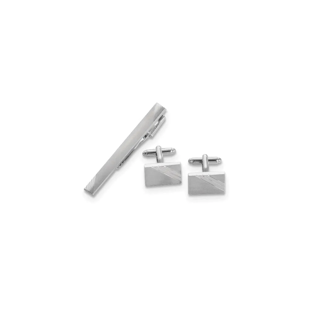 Rhodium-plated Satin Finish Striped Design Cuff Link and Tie Bar Set