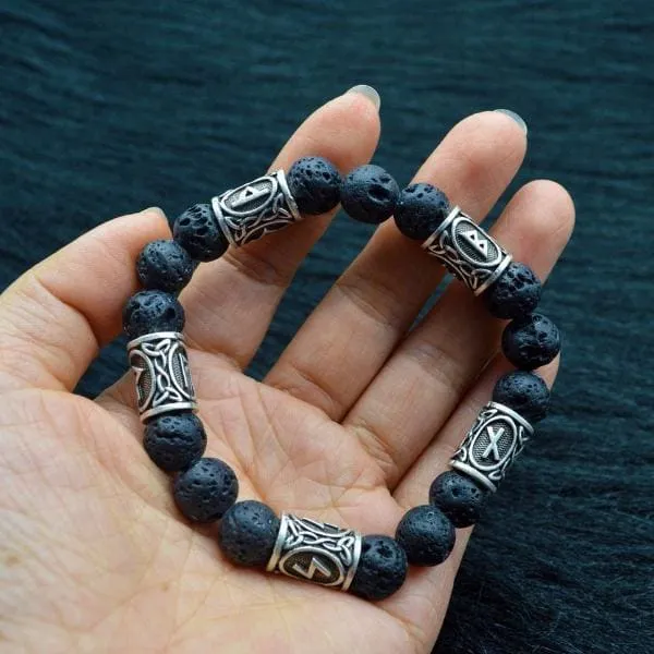 Silver Rune and Black Lava Stone Bracelet