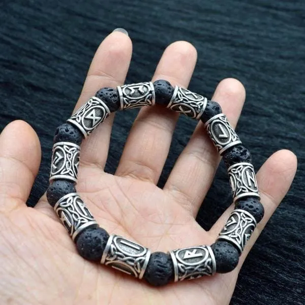 Silver Rune and Black Lava Stone Bracelet