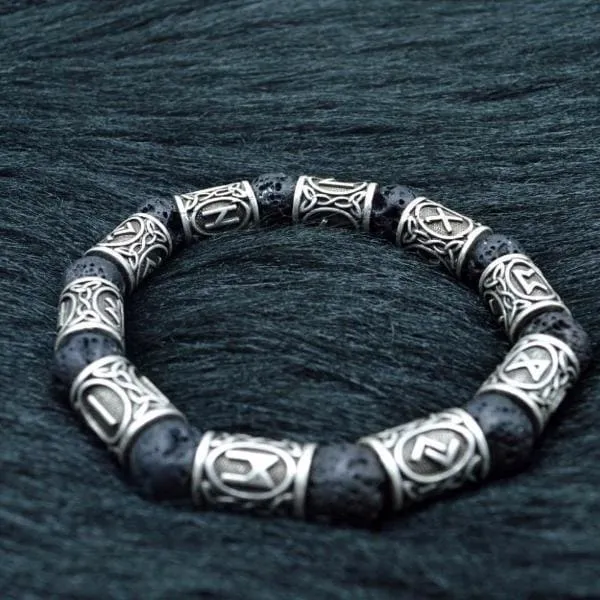 Silver Rune and Black Lava Stone Bracelet