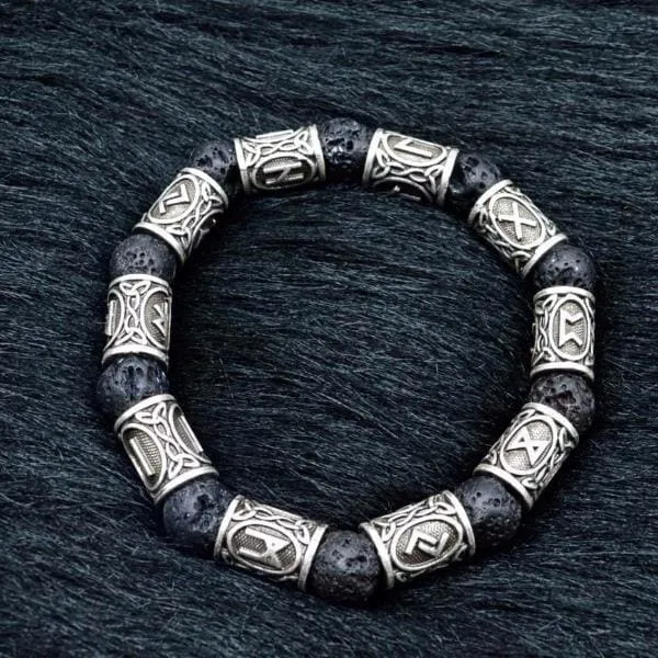 Silver Rune and Black Lava Stone Bracelet