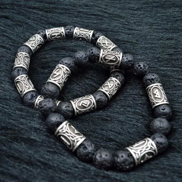 Silver Rune and Black Lava Stone Bracelet