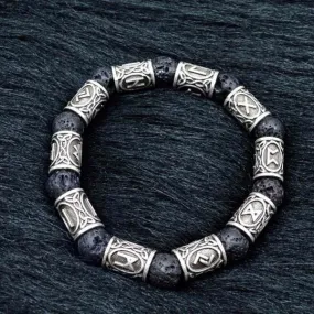 Silver Rune and Black Lava Stone Bracelet