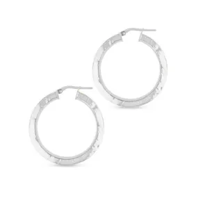 Squared Edged, Textured Hoop Earrings - Silver