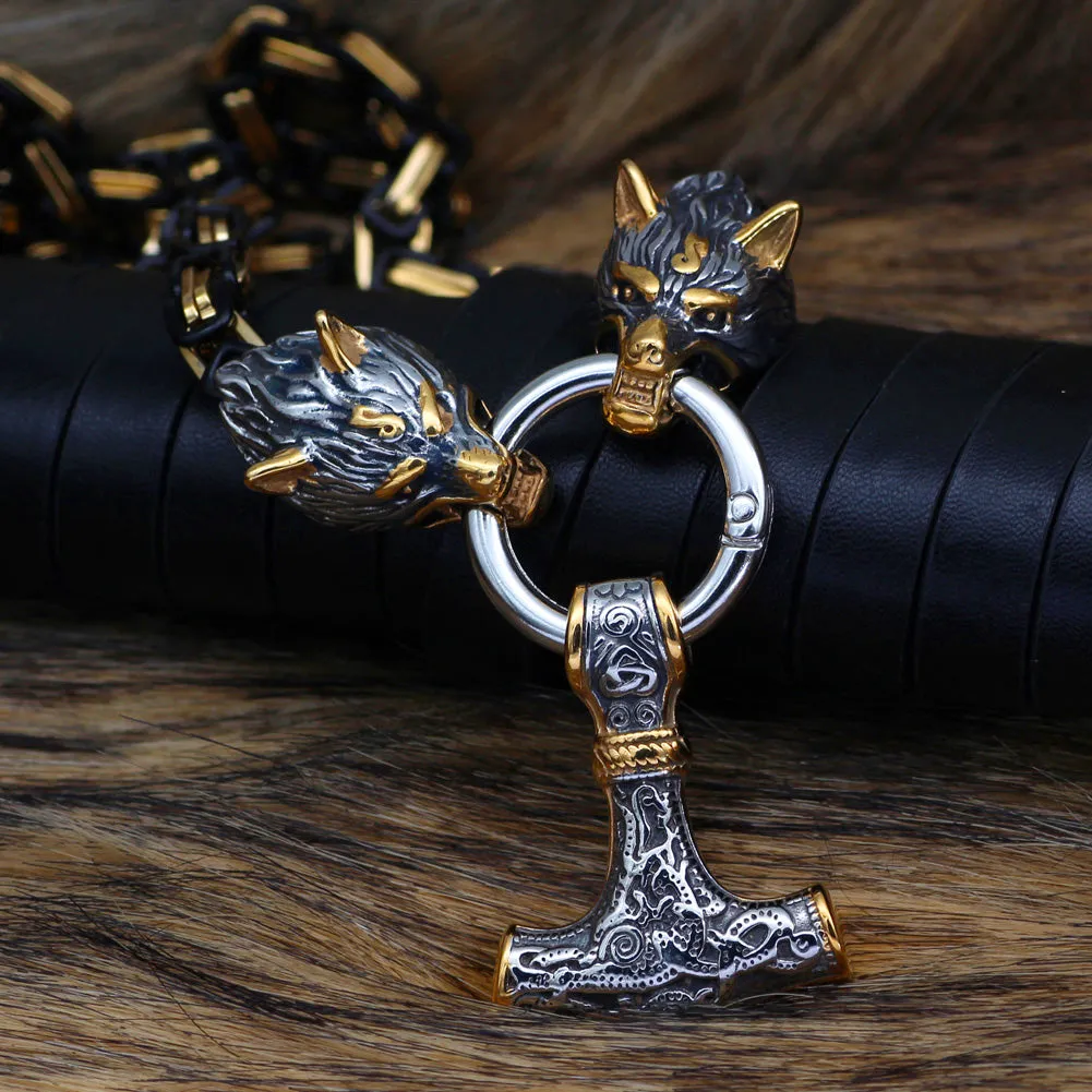 Stainless Steel Black-Gold Nordic Viking Wolf MJOLNIR Necklace