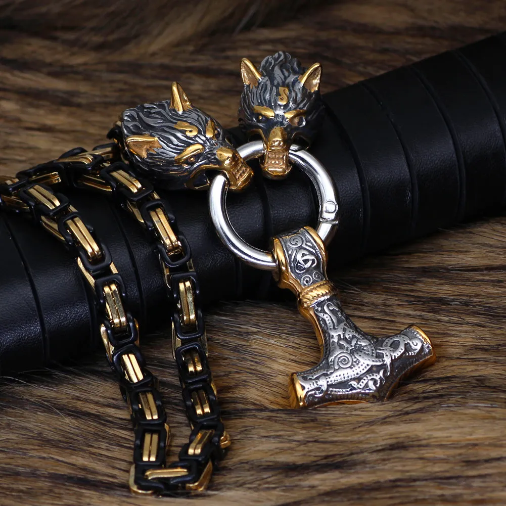 Stainless Steel Black-Gold Nordic Viking Wolf MJOLNIR Necklace