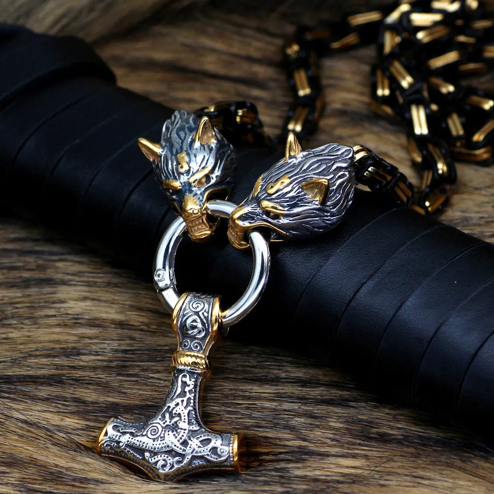 Stainless Steel Black-Gold Nordic Viking Wolf MJOLNIR Necklace