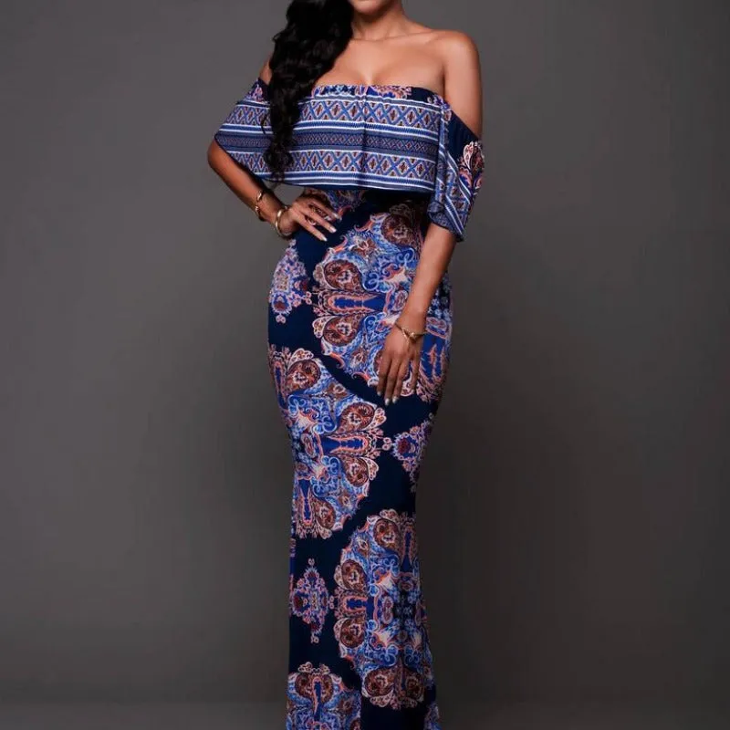 Summer Style Off Shoulder Ruffled Floral Print Maxi Dress