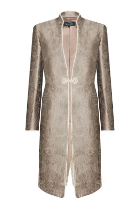 Taupe Dress Coat in Winter Brocade with Cord Trim and Frogging - Vicky