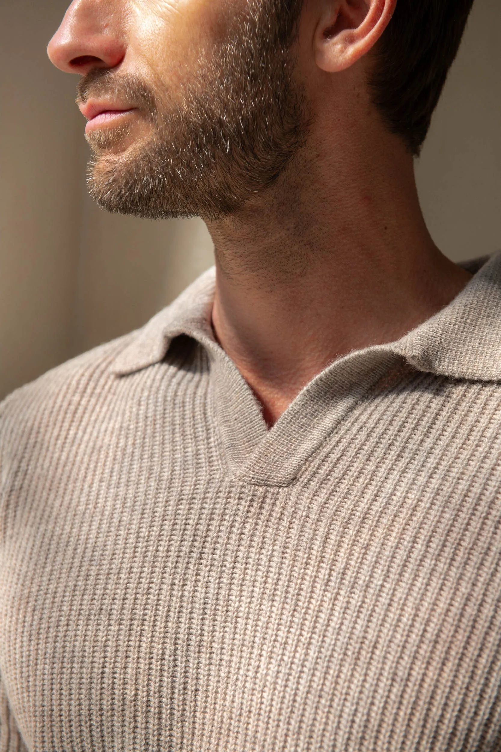 Taupe ribbed cashmere blend polo – Made in Italy