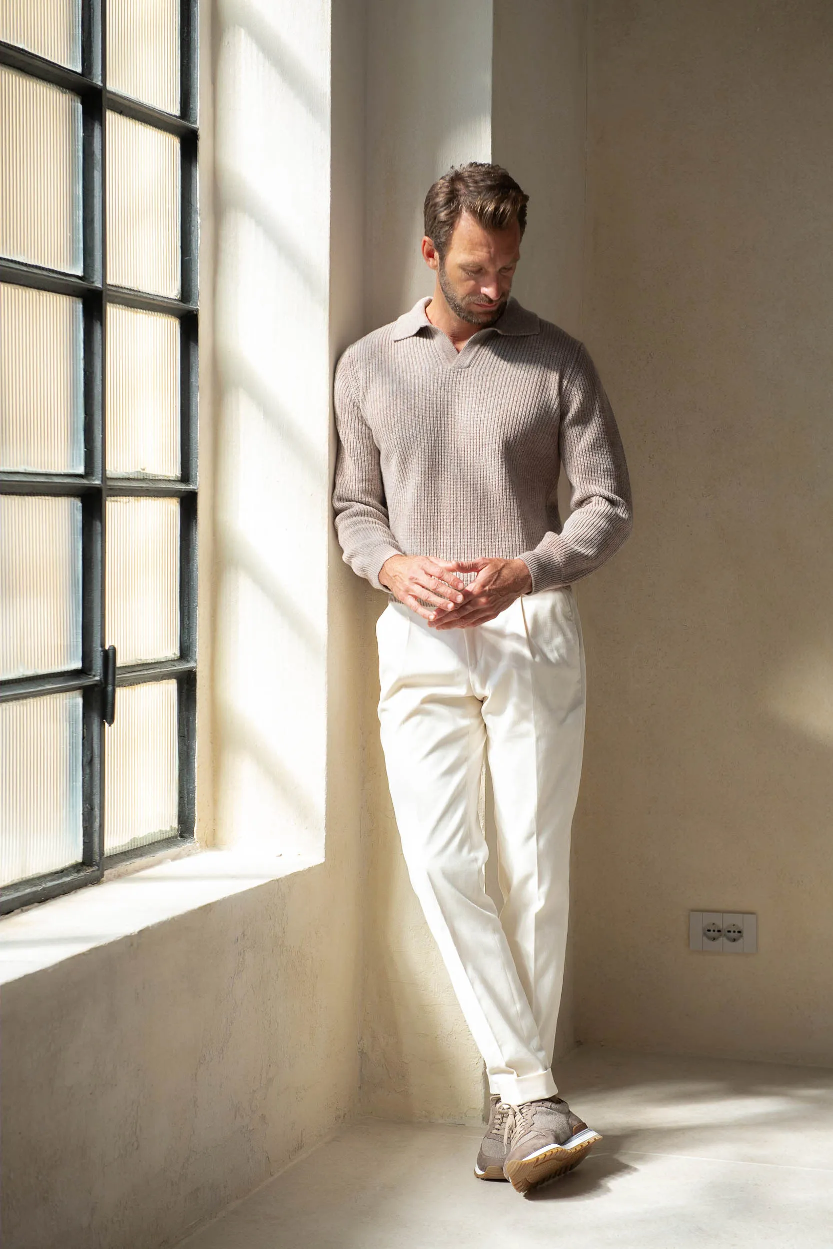 Taupe ribbed cashmere blend polo – Made in Italy