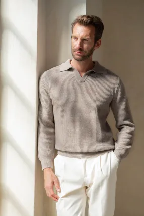 Taupe ribbed cashmere blend polo – Made in Italy