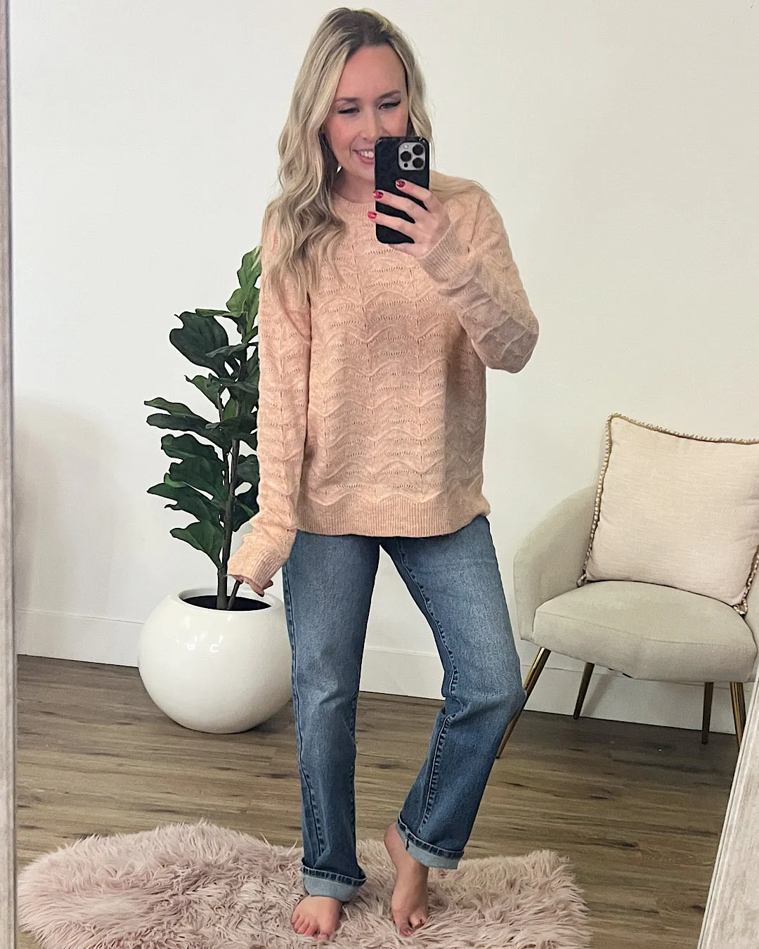 Tessa Pointelle Textured Sweater - Peach