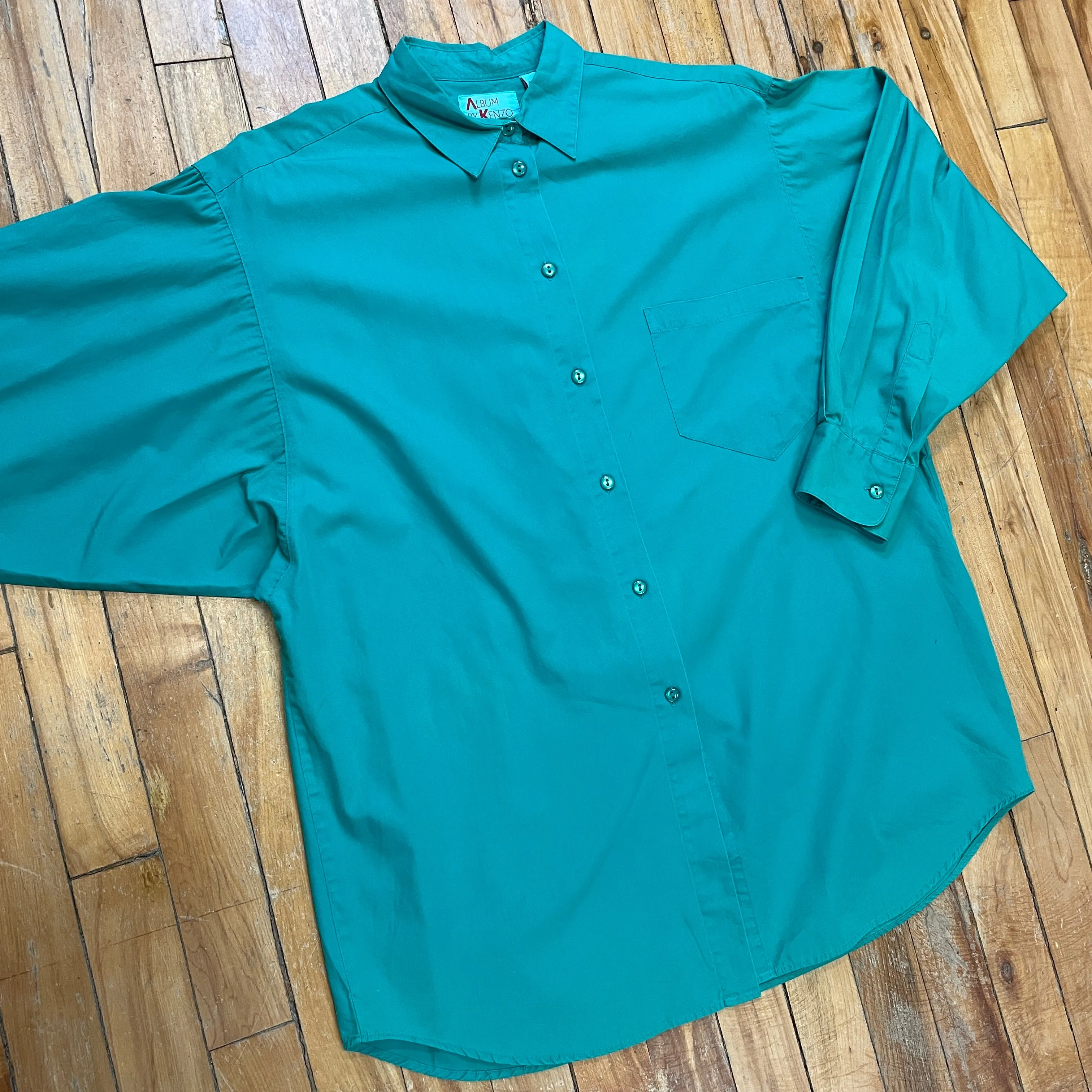 Vintage 90s Designer Album by Kenzo Turquoise Cotton Blouse Size M