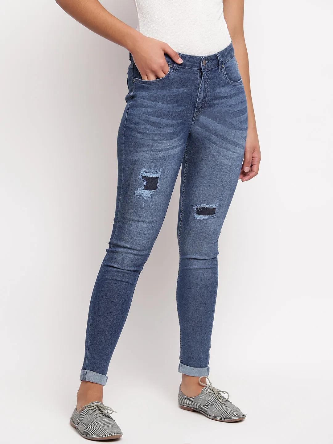 Women Dark Blue Skinny Fit Distressed Denim Jeans