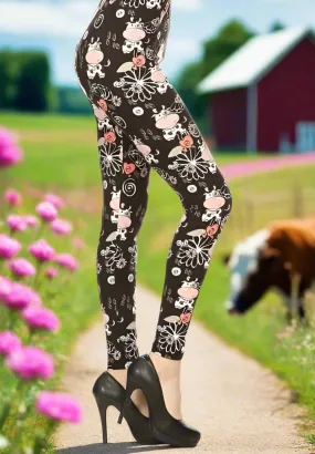 Womens Cow Leggings Soft Yoga Pants Black/Pink Sizes 0-18