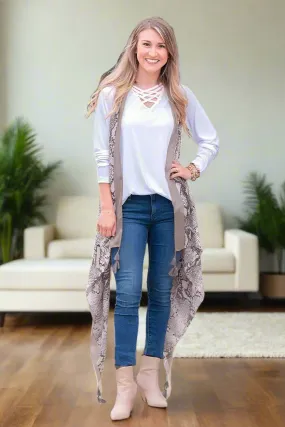 Womens Snakeskin Printed Kimono Cardigan Duster Vest