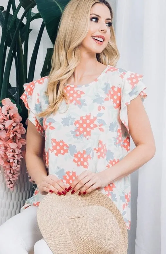 Womens Summer Cap Sleeve Floral Shirt, Plus Sizes 1xl/2xl/3xl, Coral/Blue