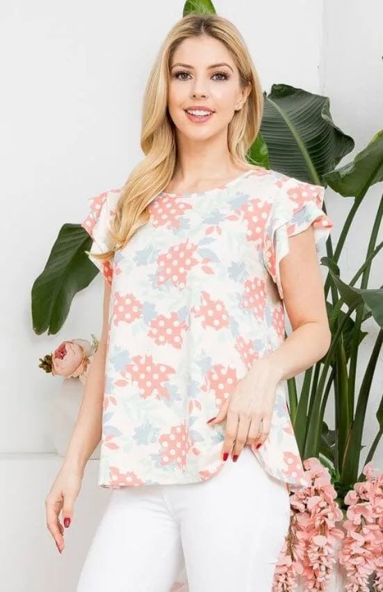 Womens Summer Cap Sleeve Floral Shirt, Plus Sizes 1xl/2xl/3xl, Coral/Blue