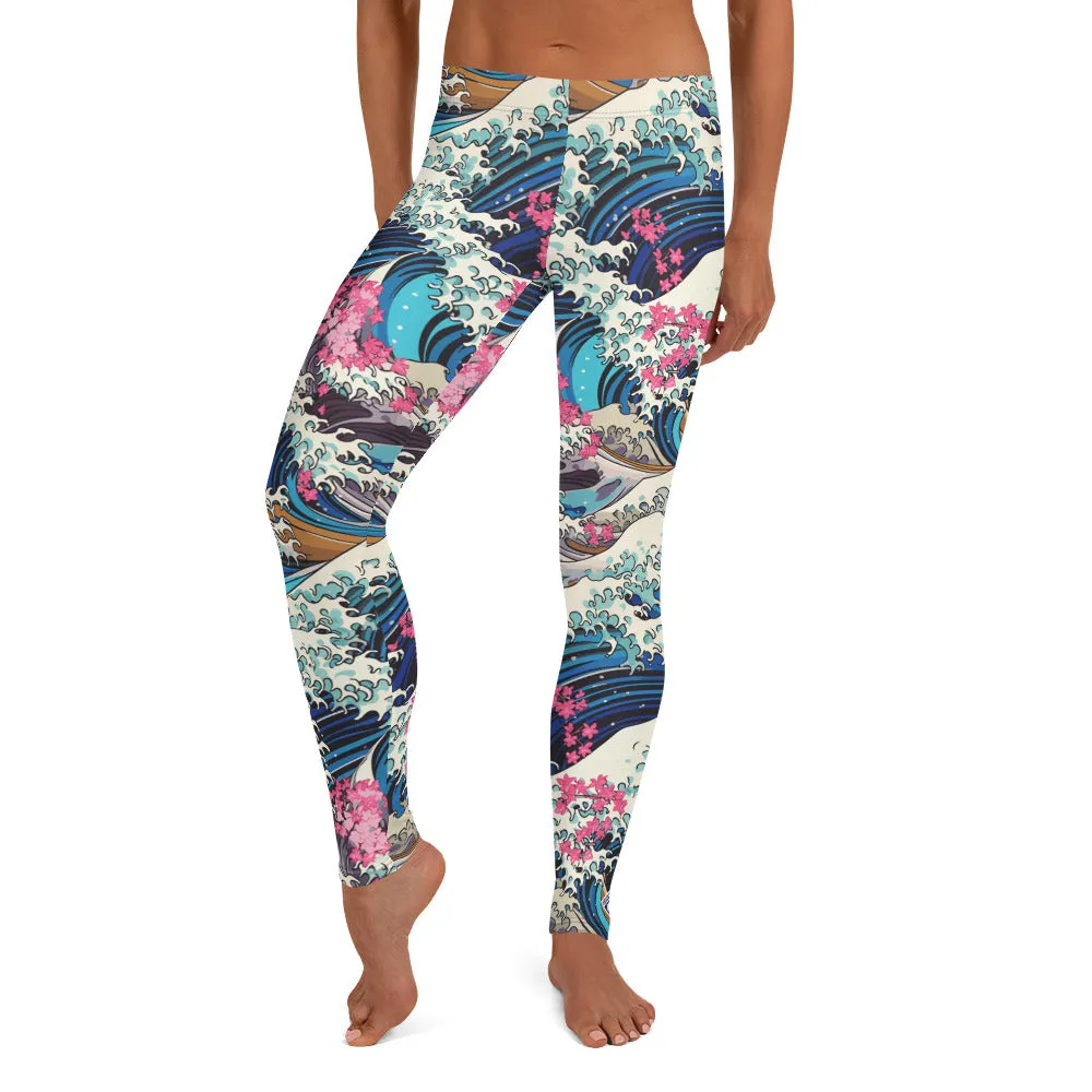 Women's Yoga Pants Workout Leggings - The Great Wave Off Kanagawa 001